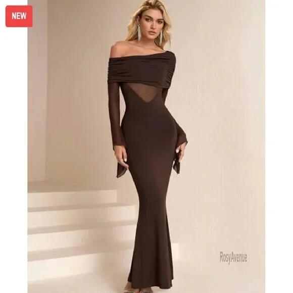 One Shoulder Long Sleeve Maxi Bodycon Dress Formal Wedding Guest